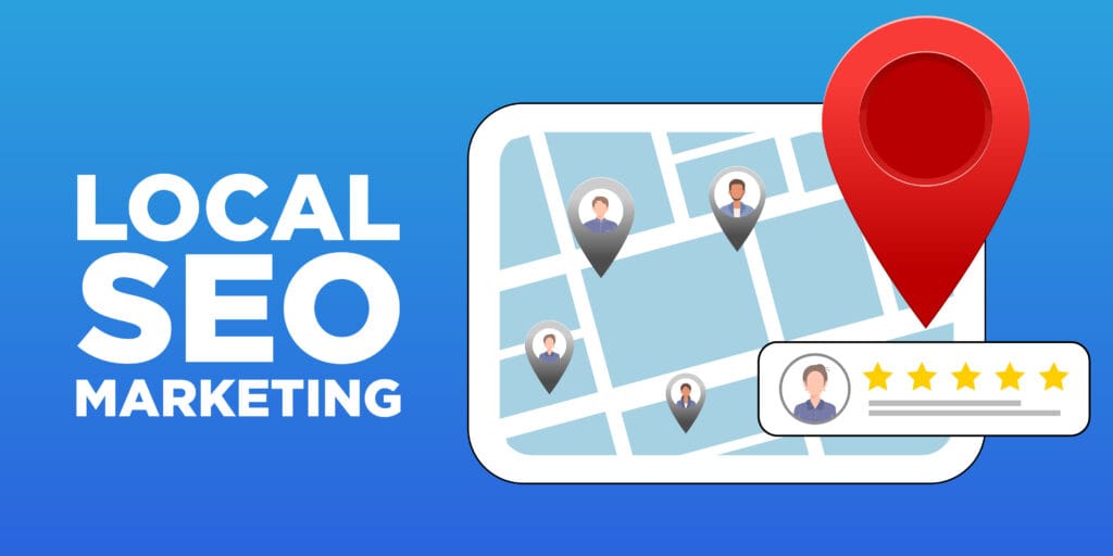 Local SEO for small businesses. Local SEO marketing based on customer ratings and reviews. Regional listings with maps, red pins, and star ratings for nearby places. Local search concept illustration